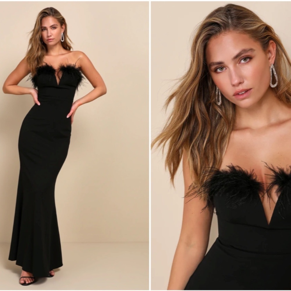 LULU's Elegant Bridal Wedding Chic Modern Sexy Holidays Feathers Mermaid Gown
